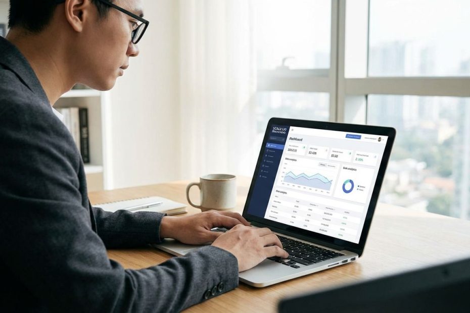 Entrepreneur using a laptop to explore innovative business growth platforms